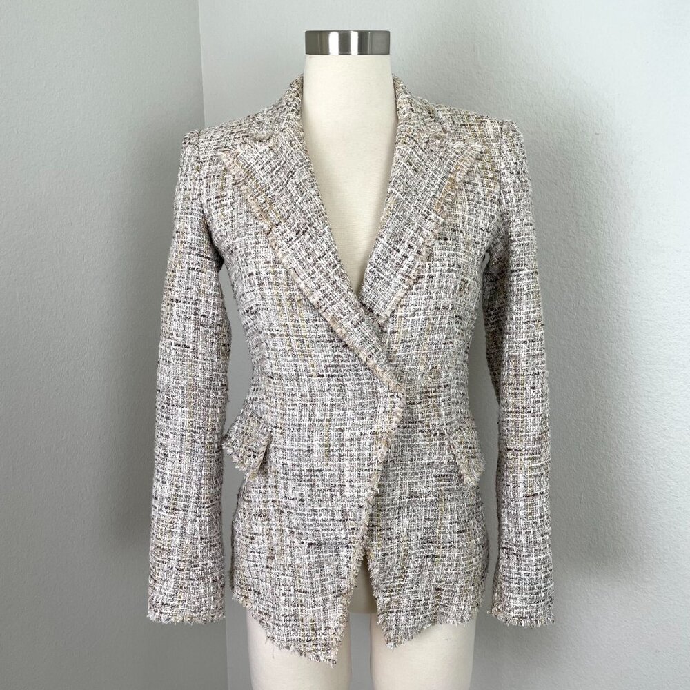 Elie Tahari Womens Size 2 Tweed Blazer Raw Edge‎ Snap Closure Jacket